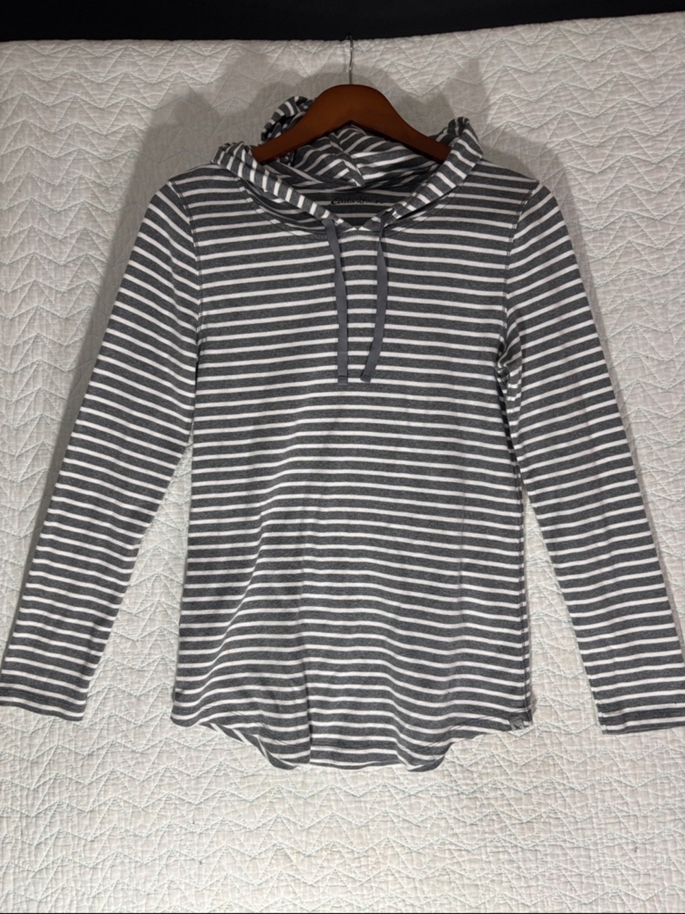 Eddie Bauer Gray and White Striped Hooded Pullover